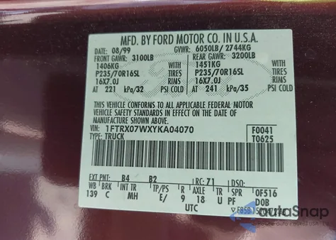 2000 Ford F-150 Lariat/Xl/Xlt из США, поврежденный, VIN 1FTRX07WXYKA04070